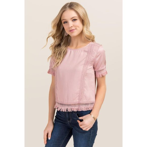 Francesca's Riana Boho Fringe Short Sleeve Top - Picture 1 of 3